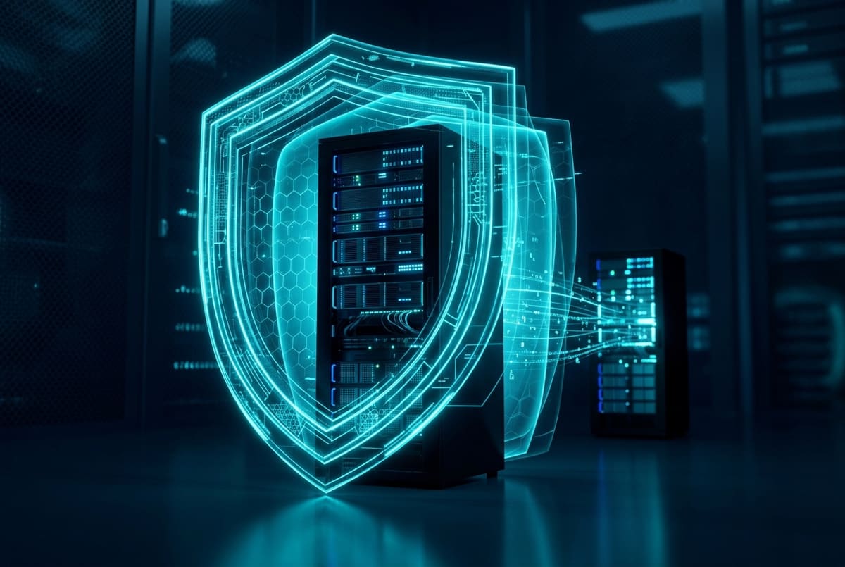 Ilustrasi keamanan server dan proses backup data perusahaan yang terenkripsi