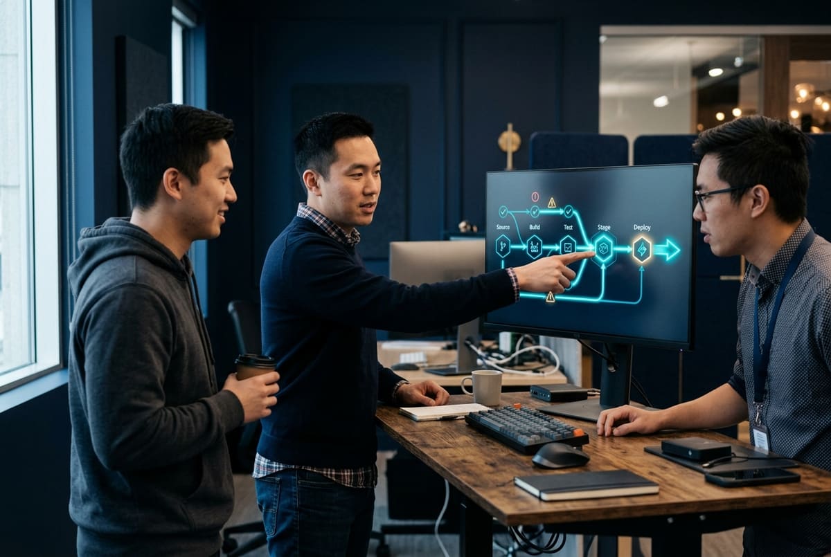 Tim DevOps meninjau pipeline CI/CD dan dashboard deployment aplikasi