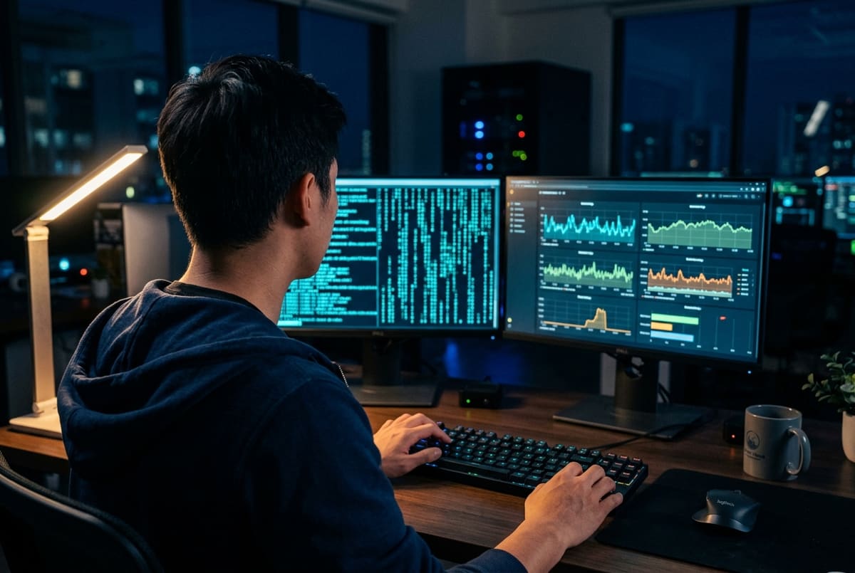 Sysadmin melakukan konfigurasi server Linux melalui terminal di ruang kerja