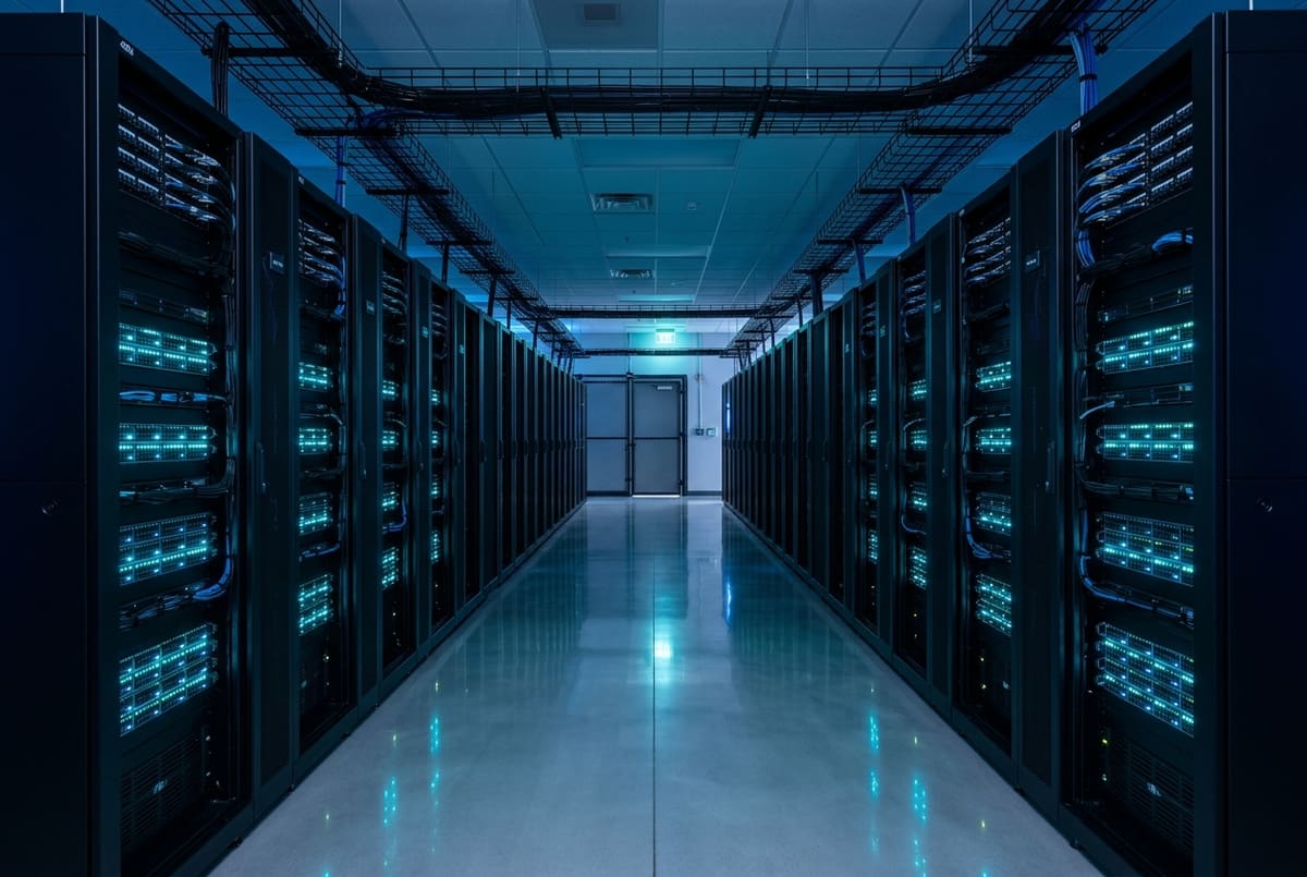 Rak server private cloud di data center dengan lampu indikator menyala