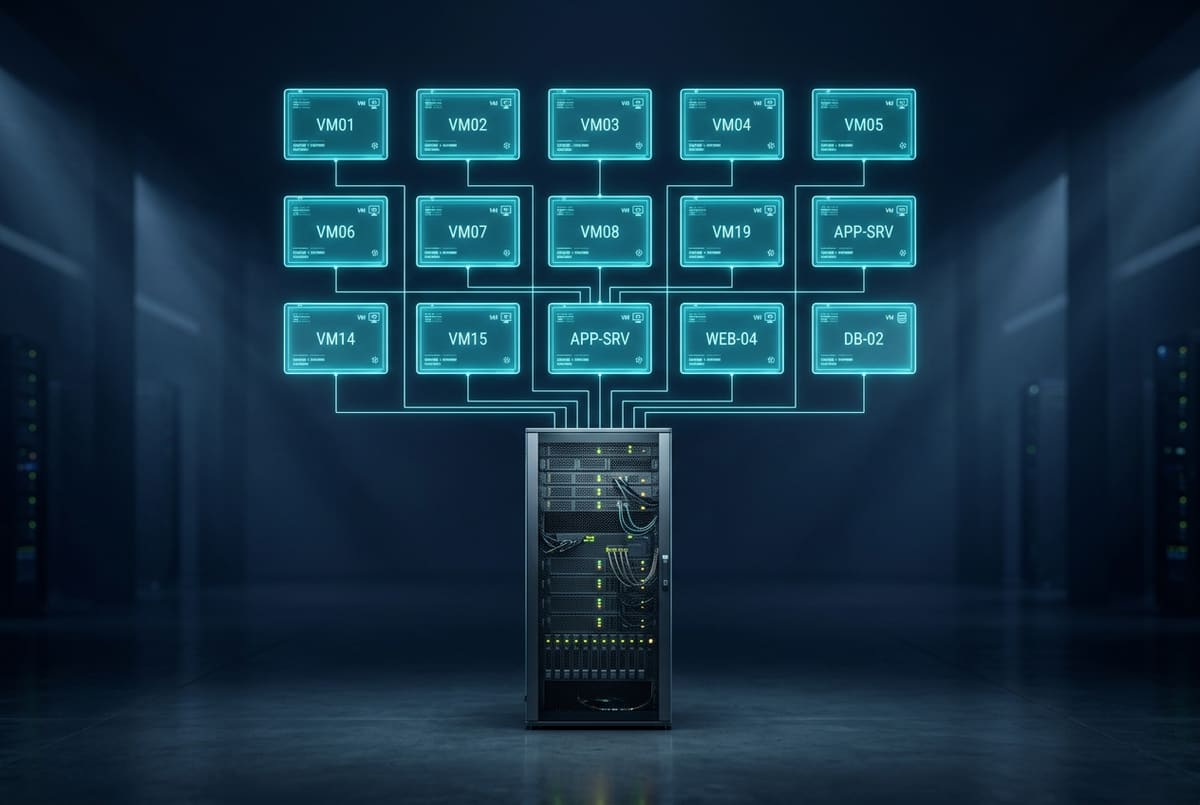 Visualisasi cluster virtualisasi server dengan beberapa mesin virtual aktif
